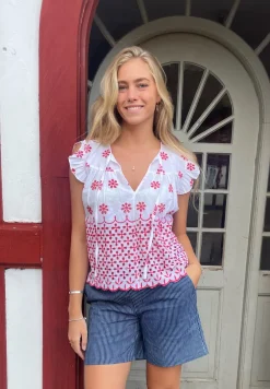 Lilly Embrodery Top WHITE WITH RED EMBRODERY